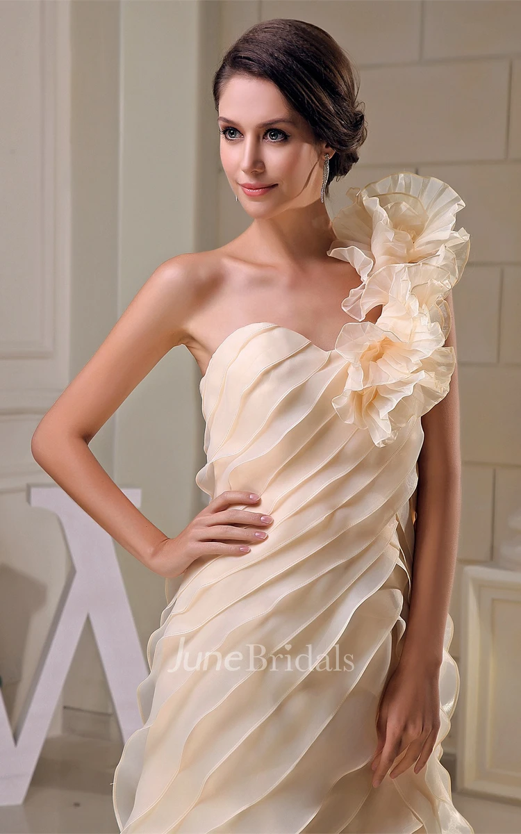 Flowered One-Shoulder A-Line Gown with Ruffles and Zipper Back