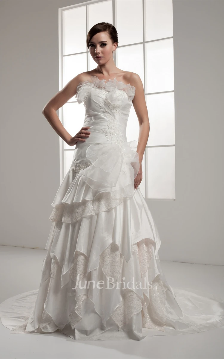 Strapless Ruched A-Line Dress with Lace and Cascading Ruffles