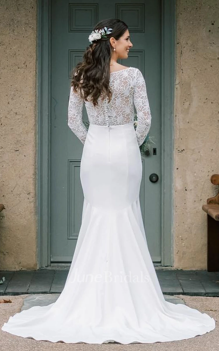 Modest Long Sleeve Mermaid Wedding Dress Garden Lace Appliques V-neck Long Sleeve Bridal Gown