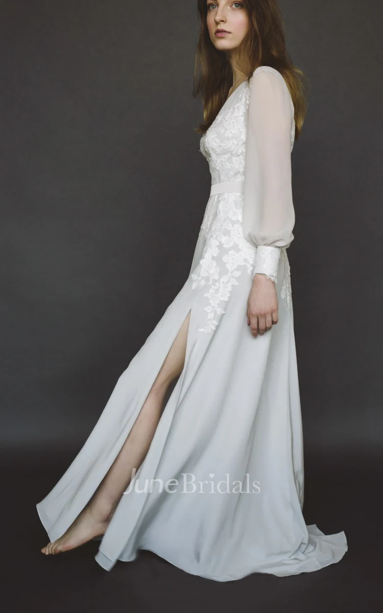 Chiffon Split Wedding Gown With Long Poet Sleeve And V-neck And Lace Appliques