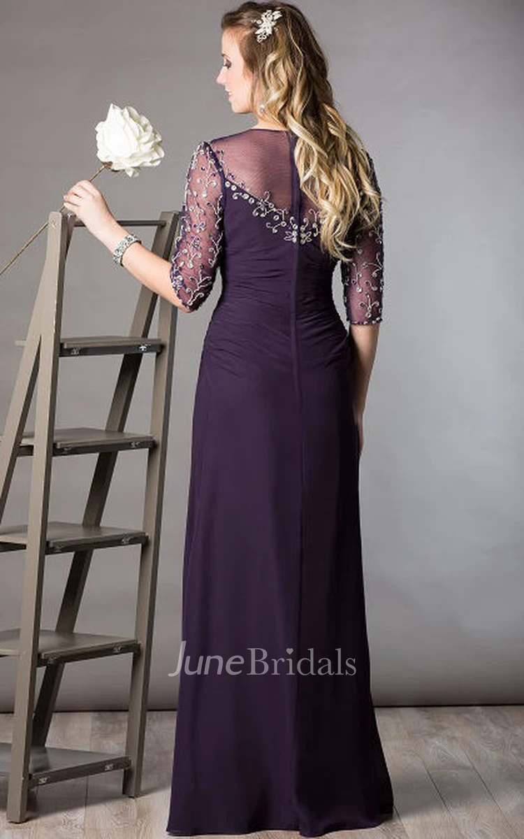 Jewel-Neck Half Sleeve Long Dress With Beading And Illusion