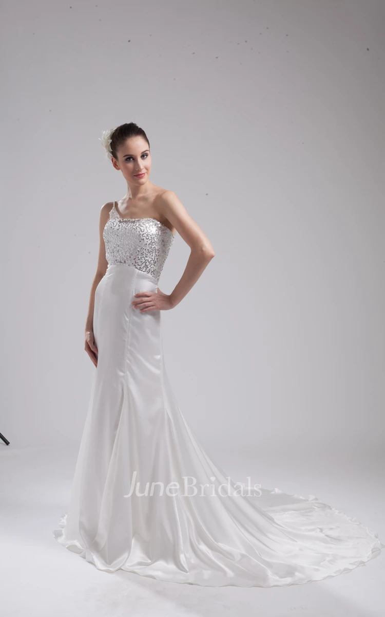 Sleeveless Satin Dress With Sequined Top and Single Strap