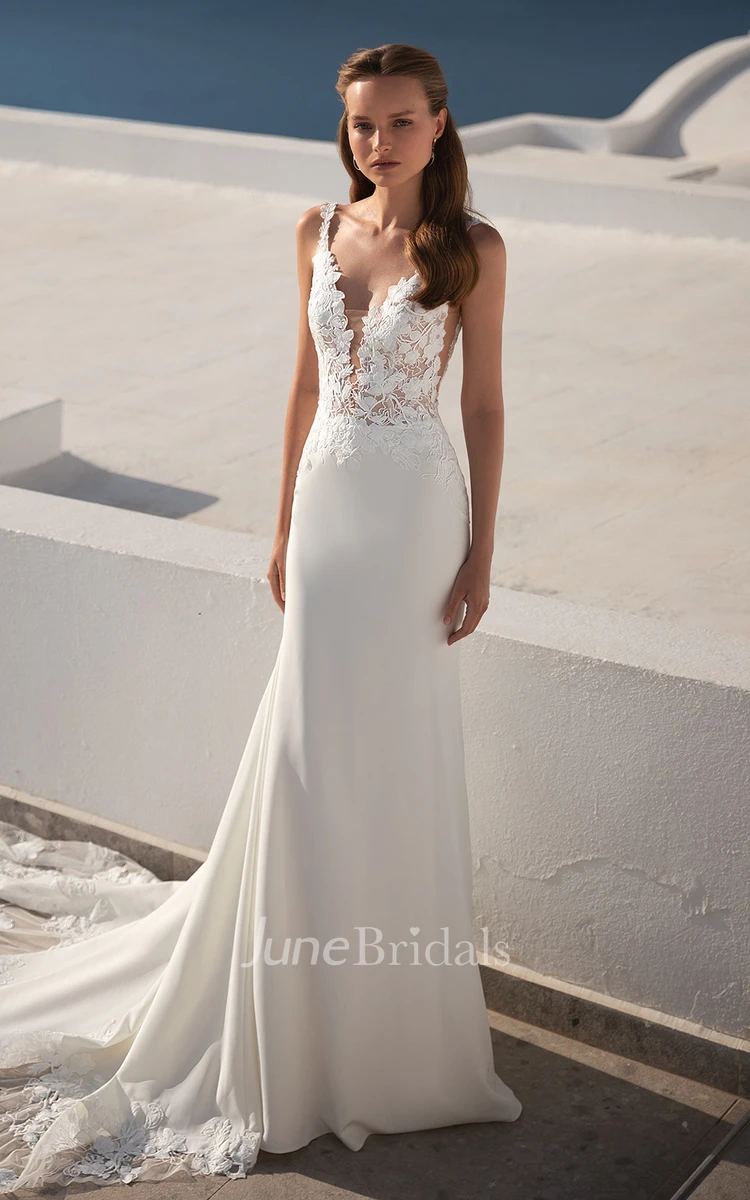 Sexy Mermaid Spaghetti Chiffon Lace Wedding Dress With Open Back And Appliques