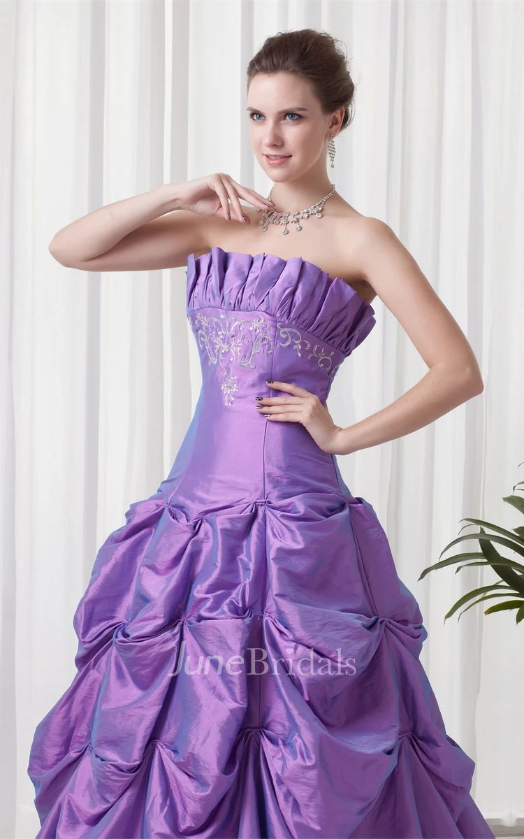 Strapless Pick-Up Ball Gown with Embroideries and Buckle