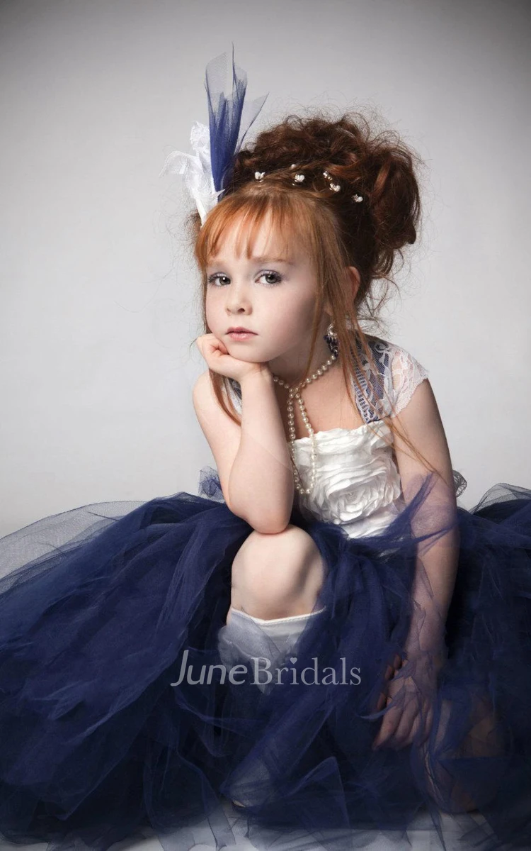 Special Cap Sleeve Tulle Dress With Flower Bodice and Sash Ribbon