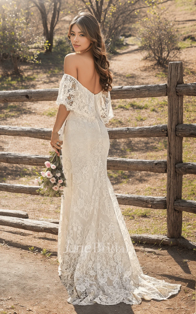 Bohemian Sheath Off-the-shoulder Lace Wedding Dress Draping Short Sleeve Open Back Bridal Gown with Train