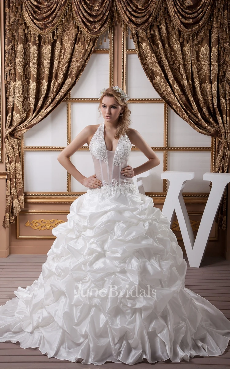 Deep-V-Neck Pick-Up Ruffled Gown with Appliques and Illusion Waist