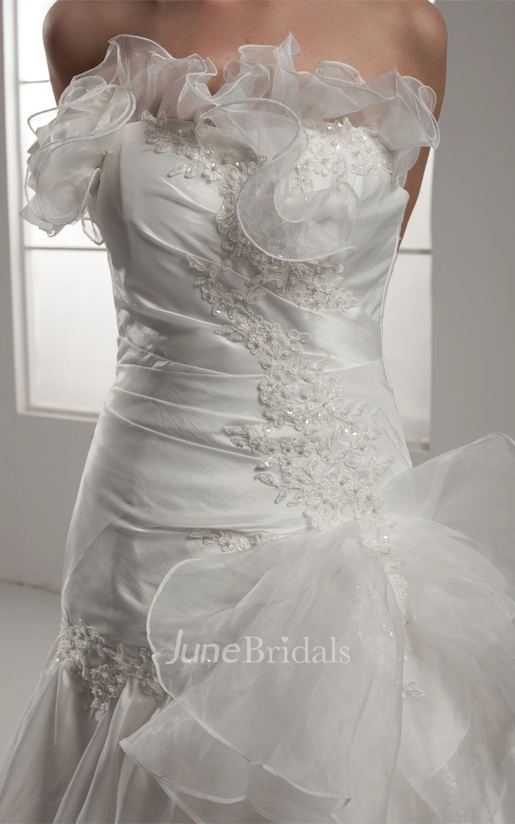 Strapless Ruched A-Line Dress with Lace and Cascading Ruffles