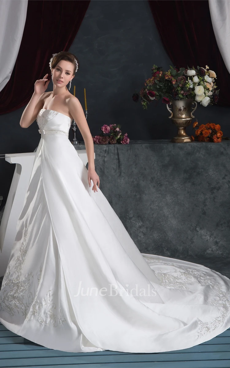 Strapless Satin A-Line Gown with Embroideries and Bow