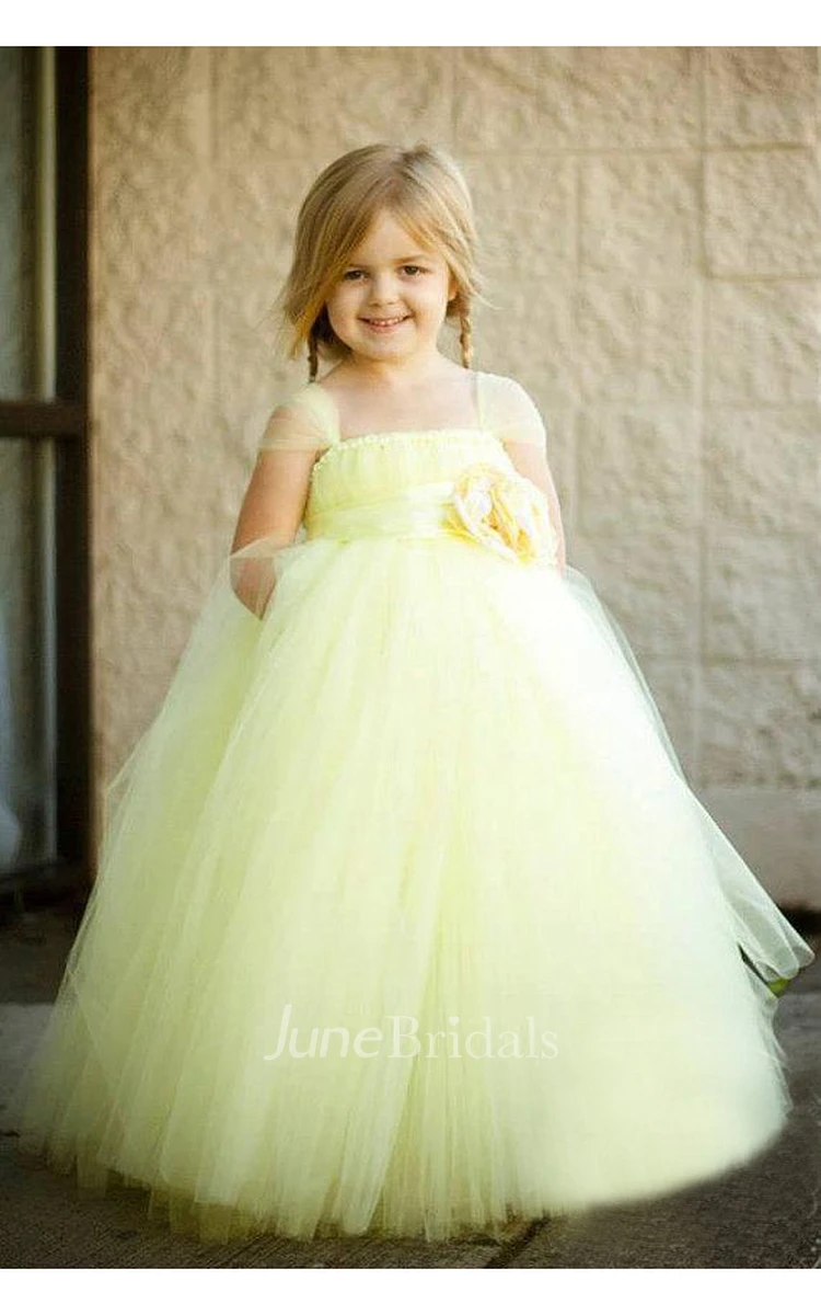 Sweet Cap Sleeve Pleated Tulle Ball Gown With Flowers Belt
