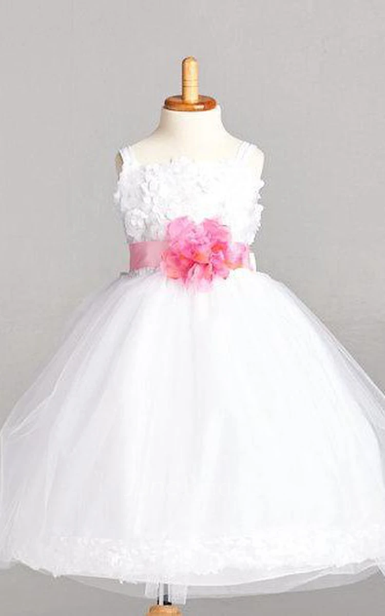 Spaghetti Strapped Pleated Flower Girl Communion Dress With Flower Belt