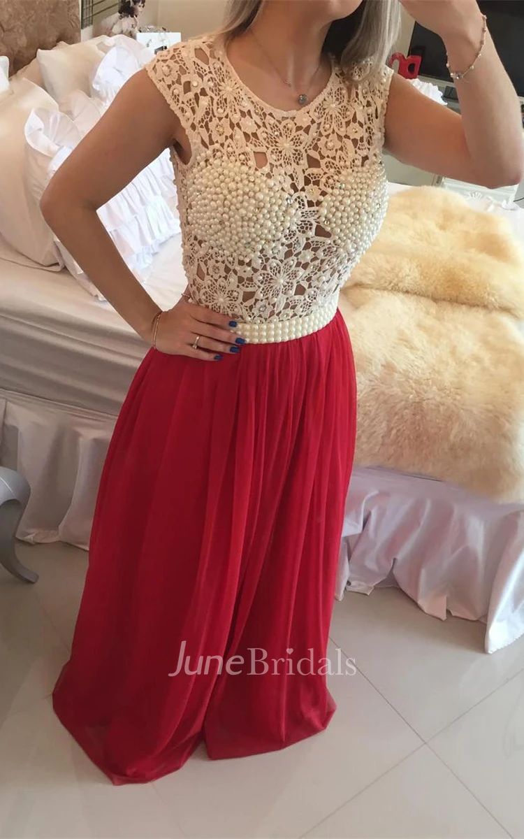 Gorgeous Red Pearls Lace Prom Dresses Long Chiffon