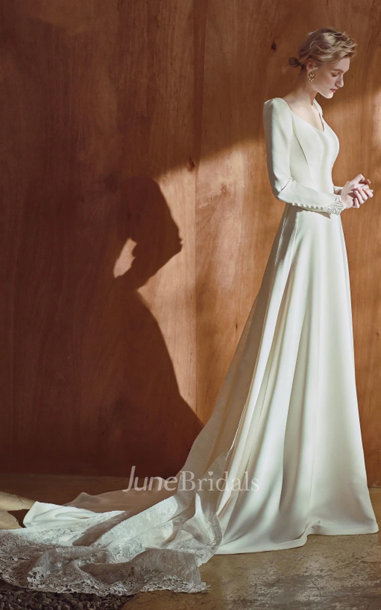 Elegant Court Train Long Sleeve Satin V-neck A Line Wedding Dress