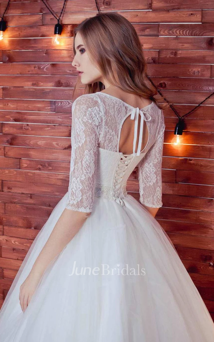 Bateau Lace Half Sleeve Tulle A-Line Ball Gown Wedding Dress With Beading