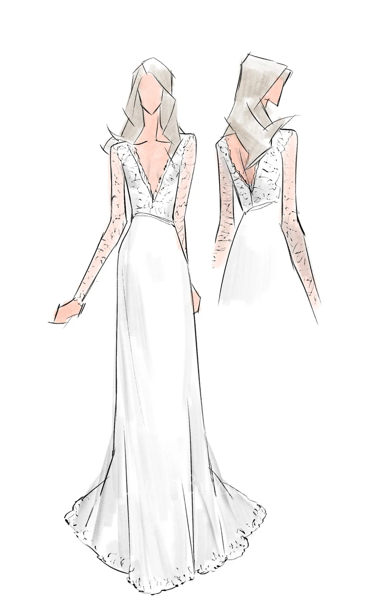 V-neck Long Sleeves Backless Ivory Chiffon Wedding Dress with Lace
