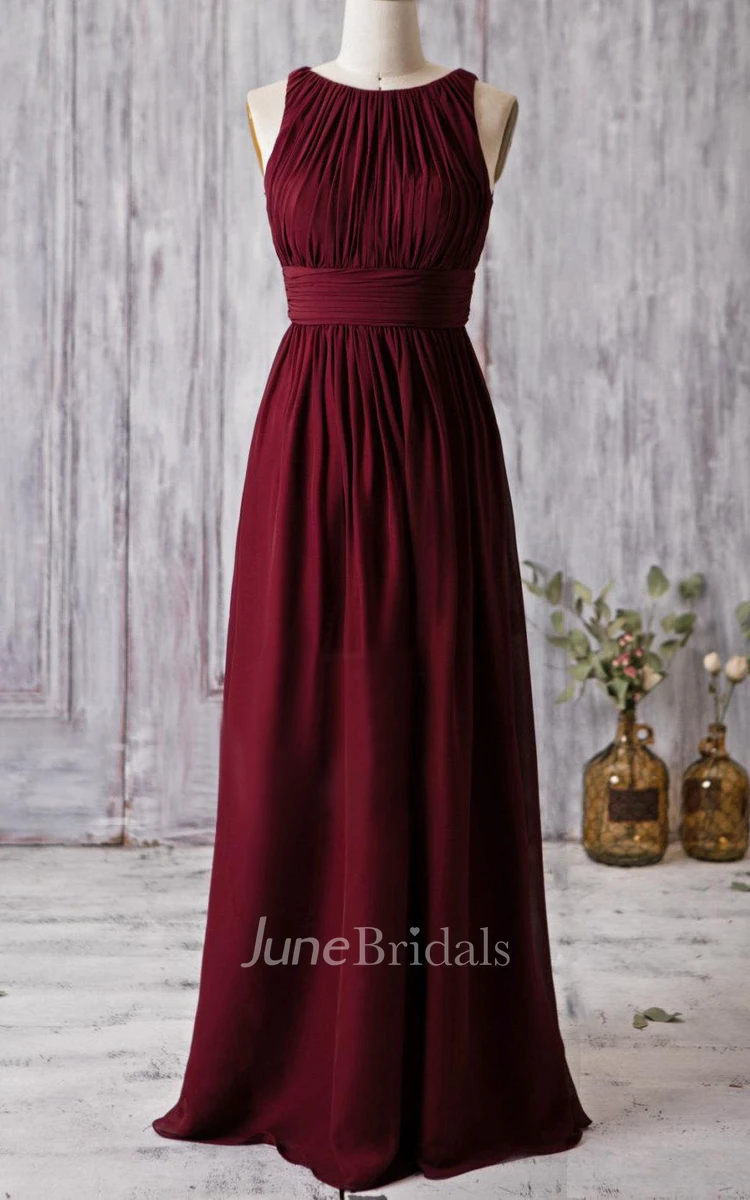 Jeweled-neck Floor-length Dress With Ruching and Sash