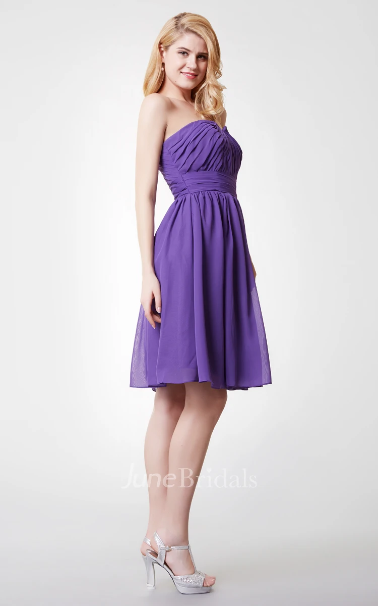 Strapless Ruched Short A-line Chiffon Dress With V-cut