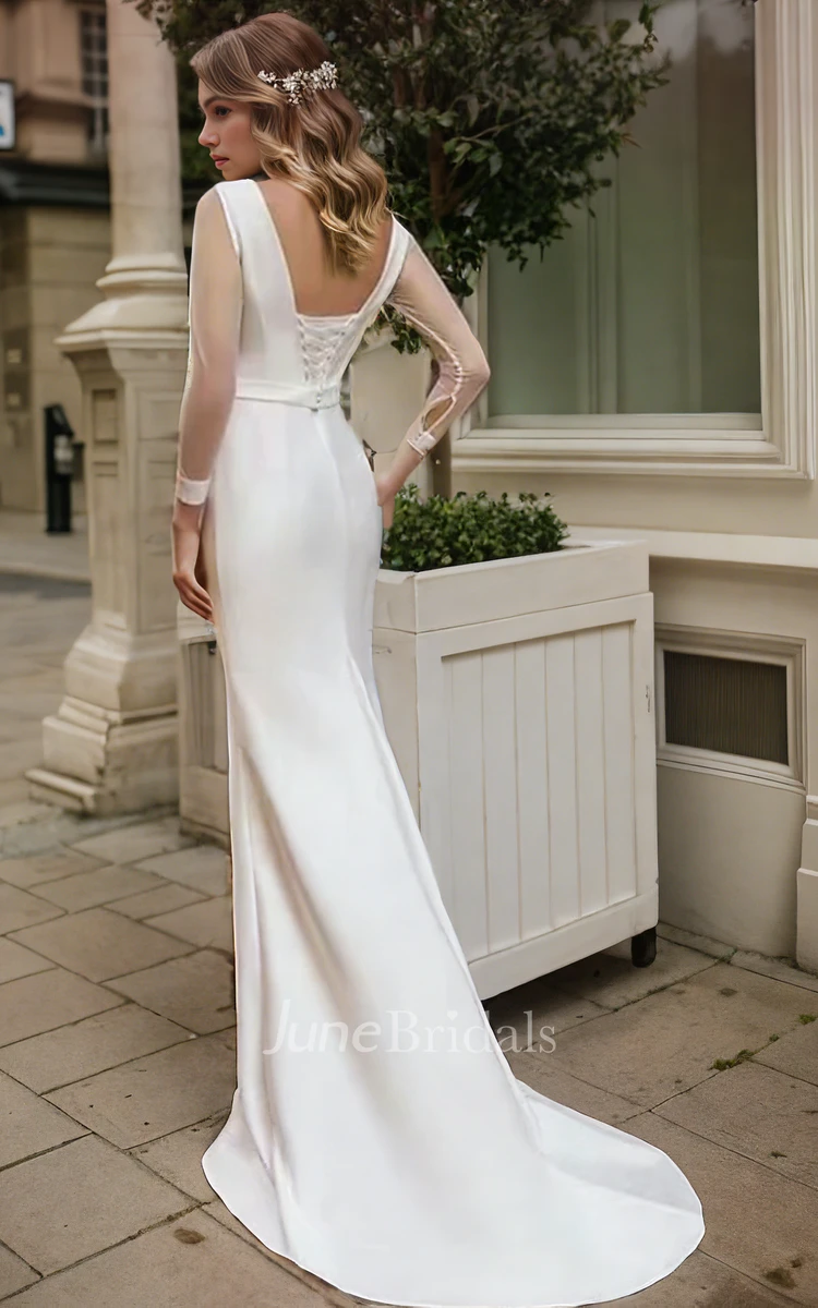 Mermaid Bateau Neck Simple Solid Floor-length Long Sleeve Wedding Dress with Corset Back Sash