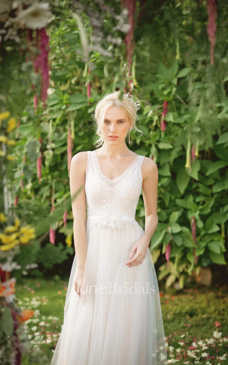 Chiffon Tulle Lace Weddig Dress With Beading Sequins and Aesthetic Pearl Crystal Flower Leaves Vines Edge Folder