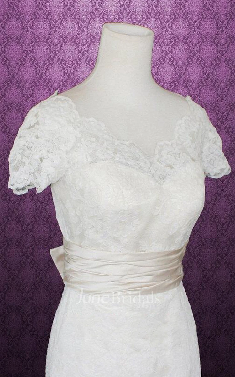 Scalloped Illusion Sleeve Long Lace Wedding Dress With Sash And Button Back