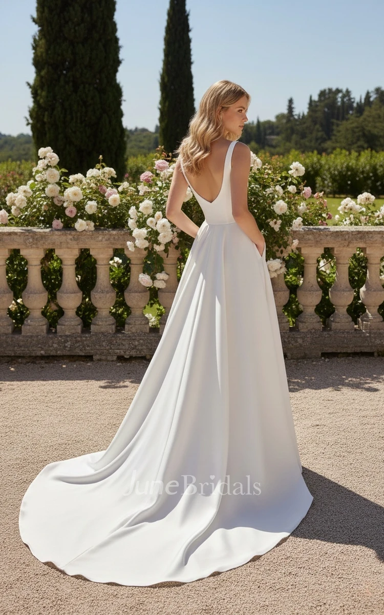 Simple Square Neck Sleeveless Wedding Dress Modern A-Line Slit Satin Bridal Gown