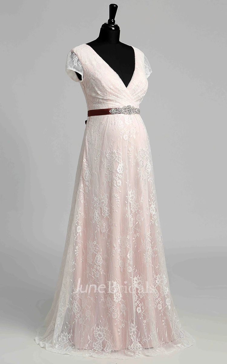 Short Sleeve V-neck Pleated Long Lace Maternity Wedding Dress