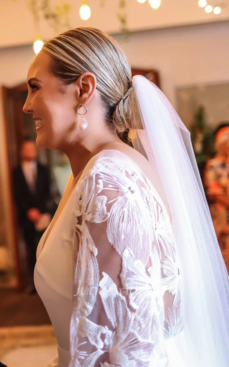 Plunging Neckline Fall Lace Long Sleeve Sheath Elegant Wedding Dress Floor-length
