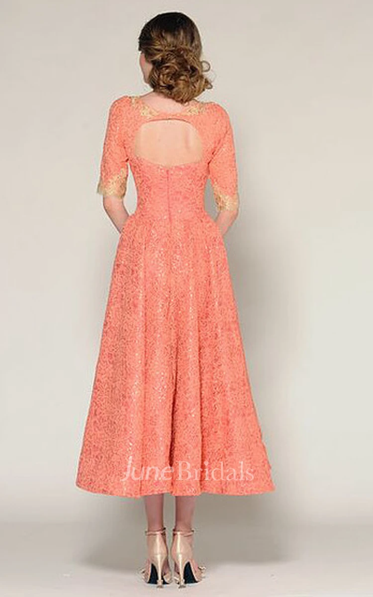 A-Line Tea-Length Half Sleeve Jewel Neck Beaded Lace Prom Dress