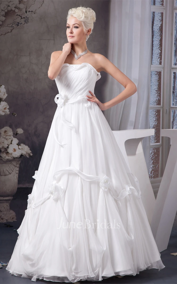 Strapless Ruched A-Line Gown with Flower and Bow