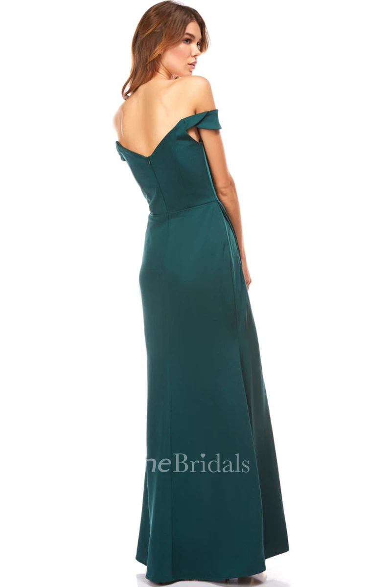 Elegant A Line Short Sleeve Satin Off-the-shoulder Floor-length Evening Dress with Split Front