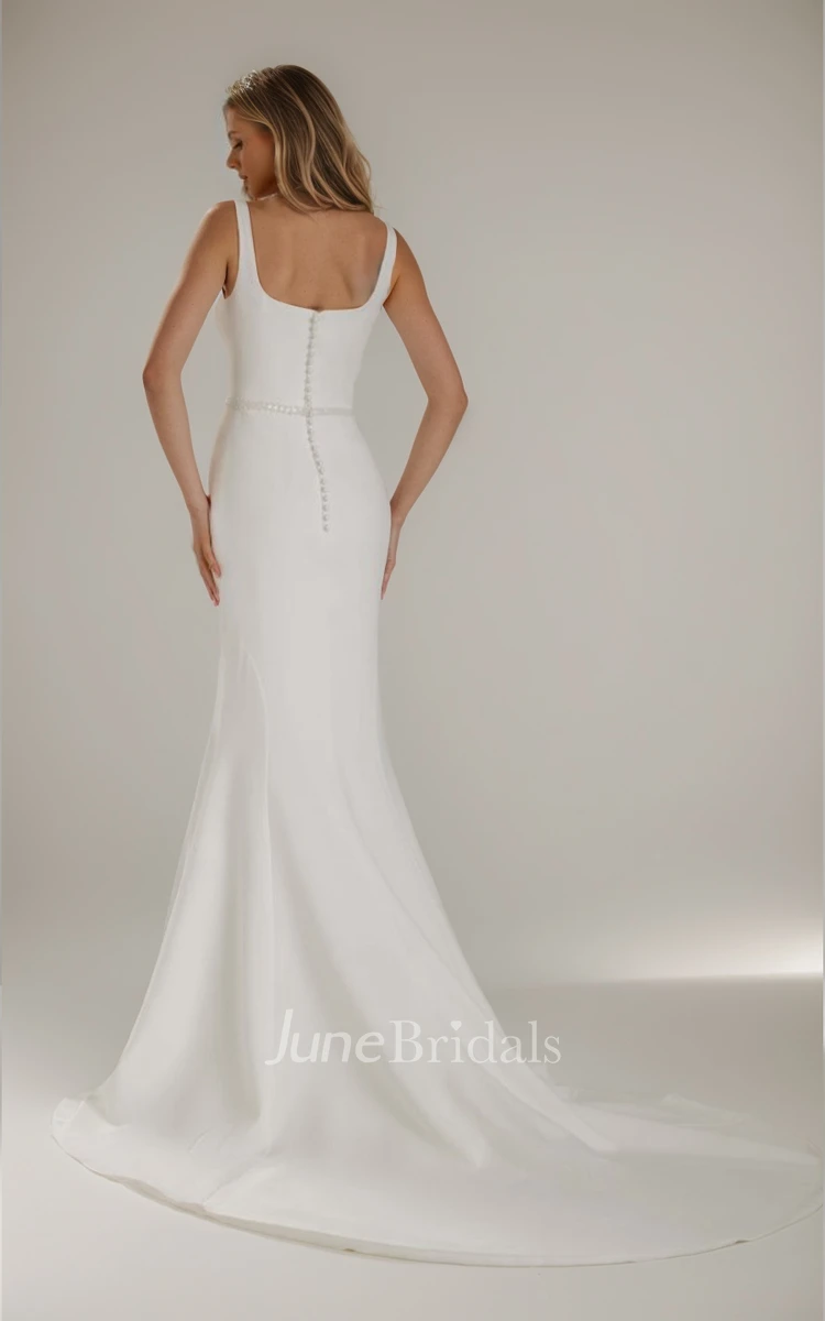 Modern Simple Satin Mermaid Spring Wedding Dress with Square Neck and Court Train Elegant Bridal Gown