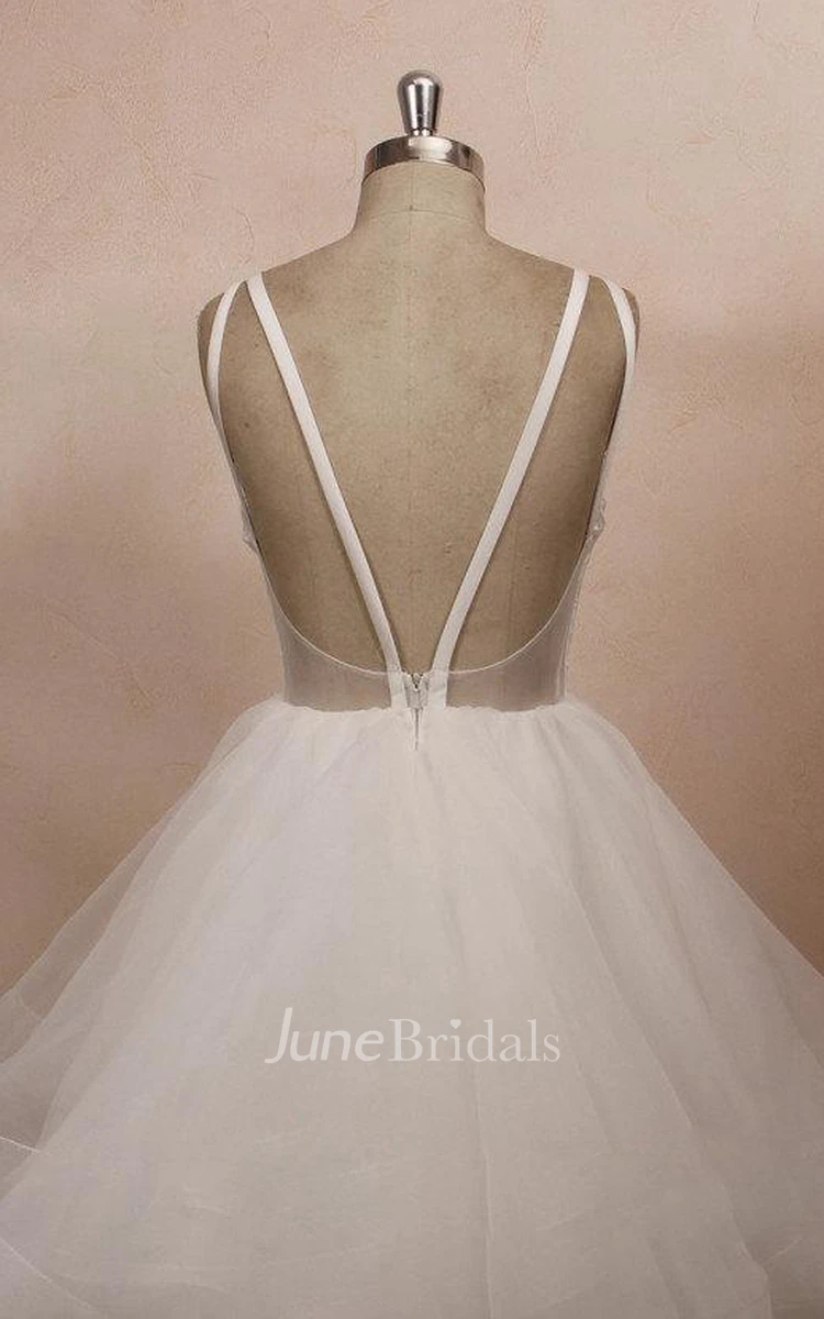 Backless Tulle Lace Satin Weddig Dress With Ruffles