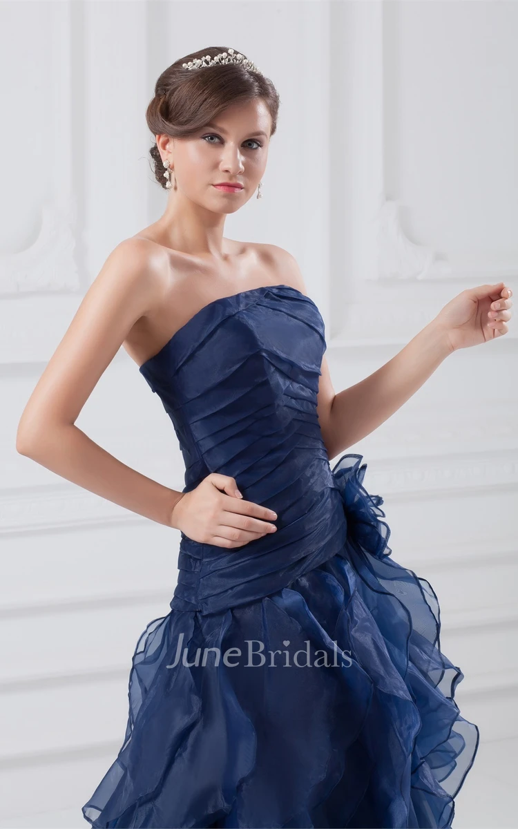 Strapless Front-Split Ruffled Dress with Flower and Brush Train