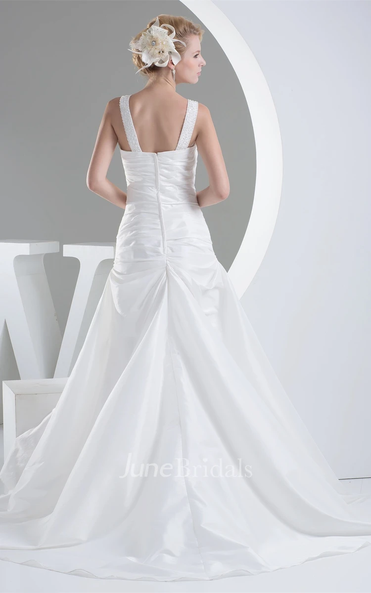 Notched Sleeveless Pick-Up A-Line Gown with Beaded Straps