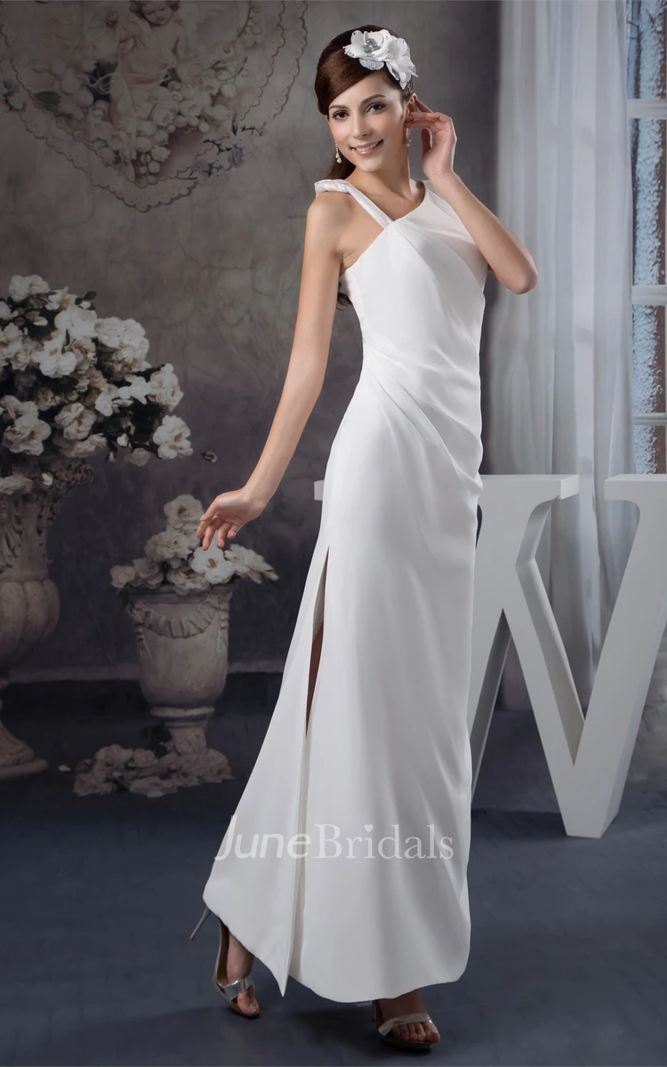 Asymmetrical Ankle-Length Dress with Side Slit and Ruching