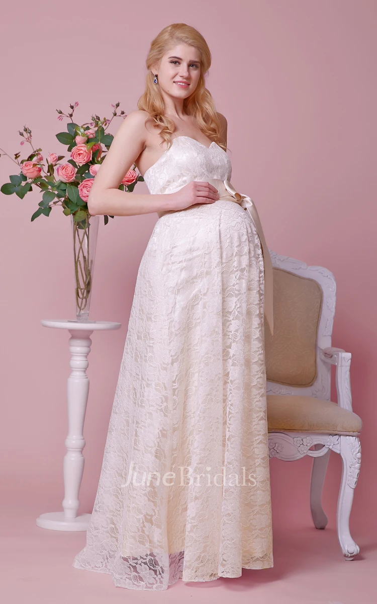 Sweetheart Allover Lace Maternity Wedding Dress With Satin Bow and Removable Jacket