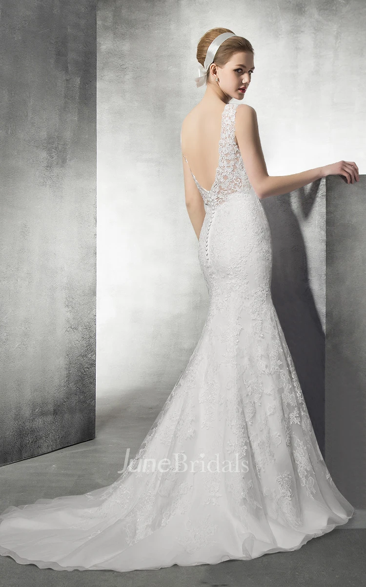 Strapy V Neck Lace Mermaid Wedding Dress With Open Back