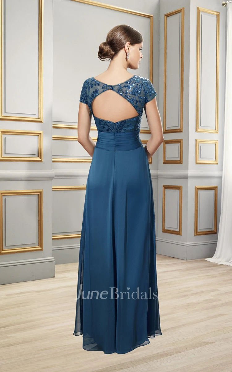 Cap-Sleeve Chiffon Sequined Floor-Length Formal V-Neckline Dress