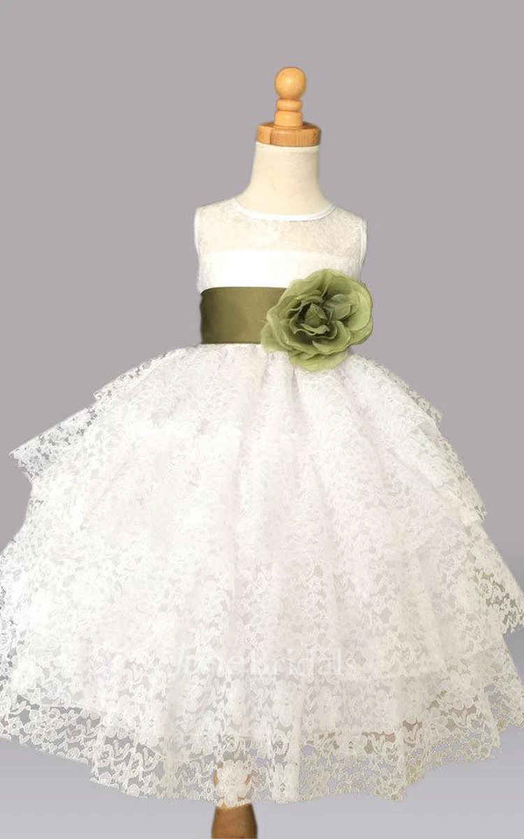 Lace Sleeveless Jewel Neck Dress With Flower&Ruffles