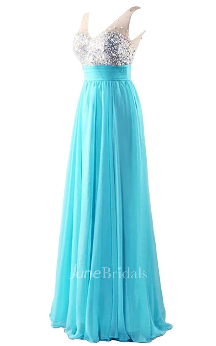 Glamrous V-neck Crystal-beaded Chiffon A-line Gown