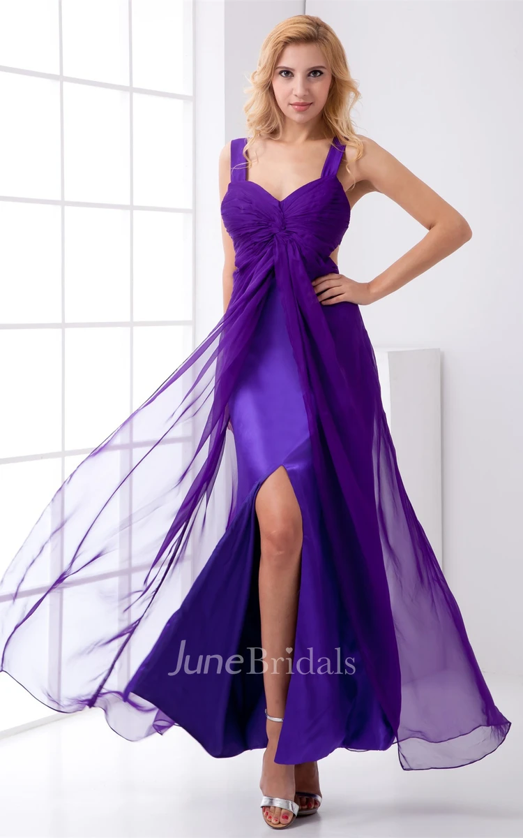 chiffon ankle-length strapped dress with front slit and ruching