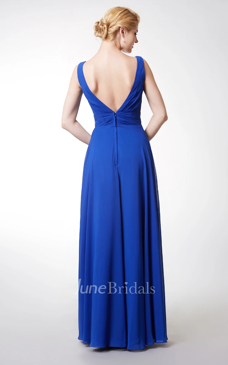 Deep-v Back Style Sleeveless Chiffon Gown With Beading