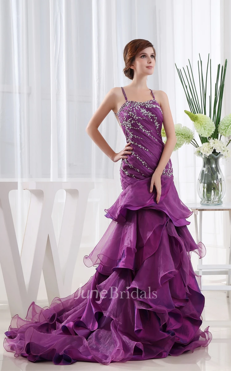Sleeveless Front-Split Ruched Dress With Beading and Ruffles
