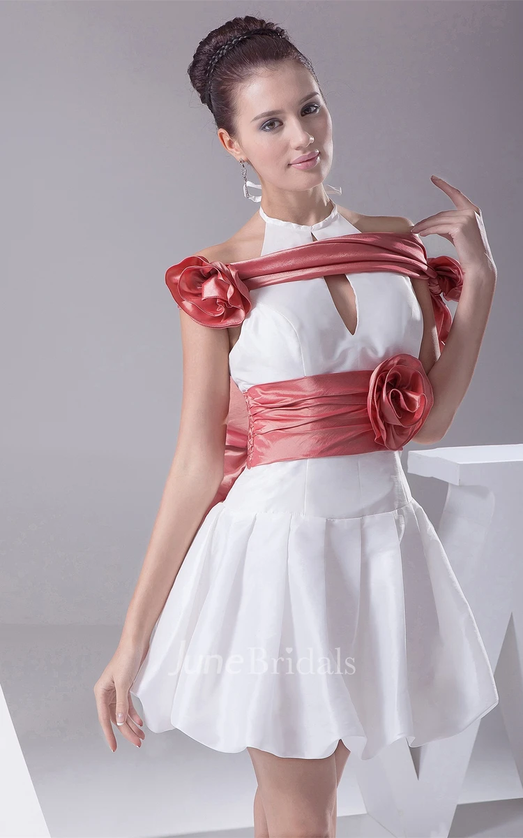 Two-Tone Sleeveless Mini A-Line Dress with Flower and Keyhole
