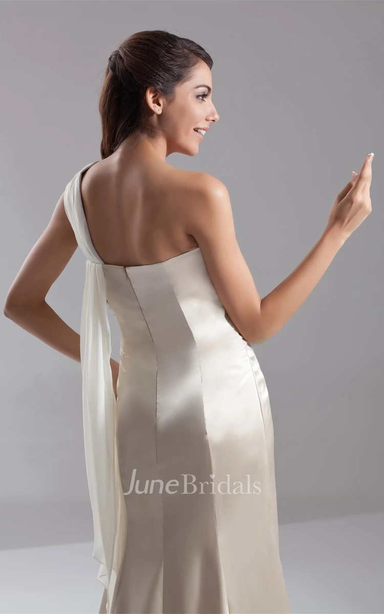 one-shoulder a-line maxi satin dress with brush train