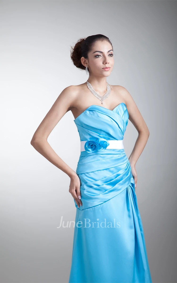 strapless a-line satin dress with flower and criss-cross ruching