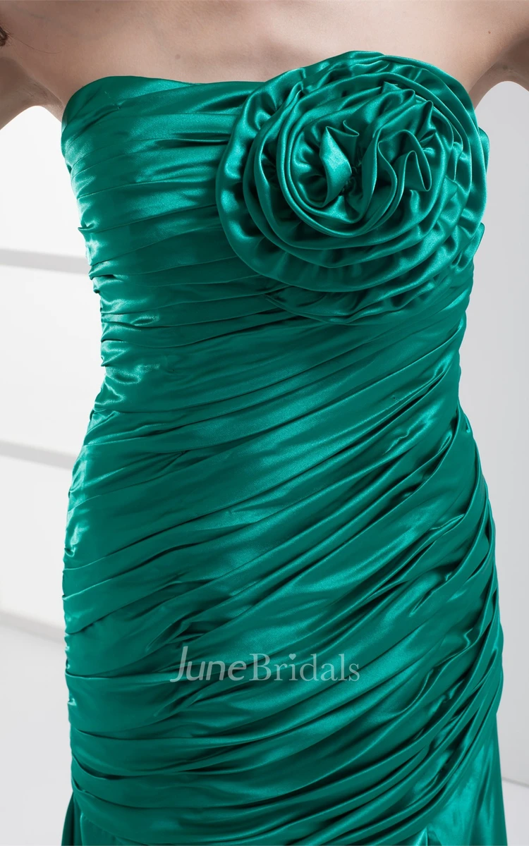 Strapless Mermaid Front-Split Dress with Ruching and Flower