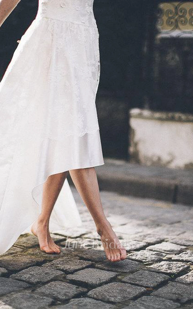 Boho Inspired High-Low Wedding Dress in Satin and Lace