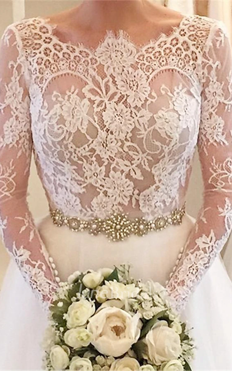 Elegant Illusion Long Sleeve Tulle Wedding Dress With Lace Beadings