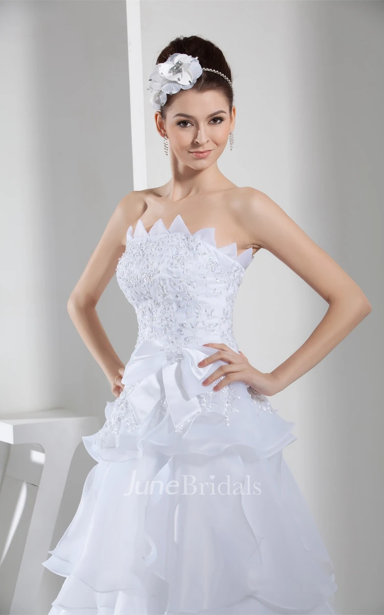 Strapless A-Line Tiered Dress with Appliques and Bow